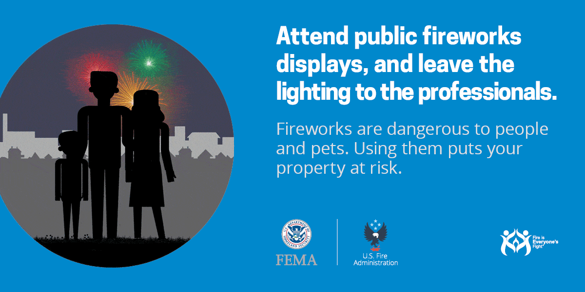 Attend public fireworks displays and leave the lighting to the professionals. Fireworks are dangerous to people an dpets. Using them puts your property at risk. FEMA US Fire Administration. "Fire is everyone's fight.®"